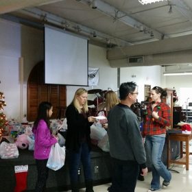 Christmas event with gifts and decorations.