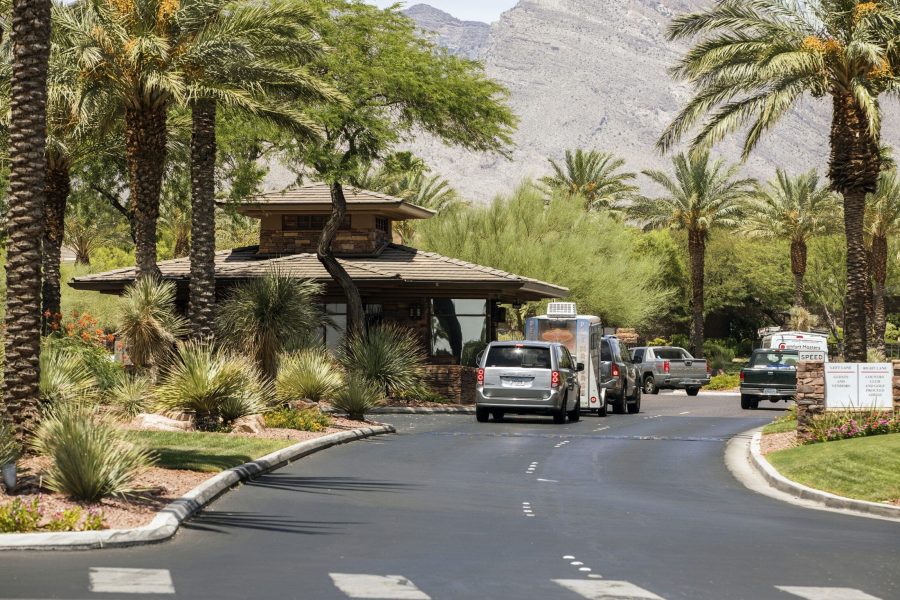 Palm trees lining a resort entrance.